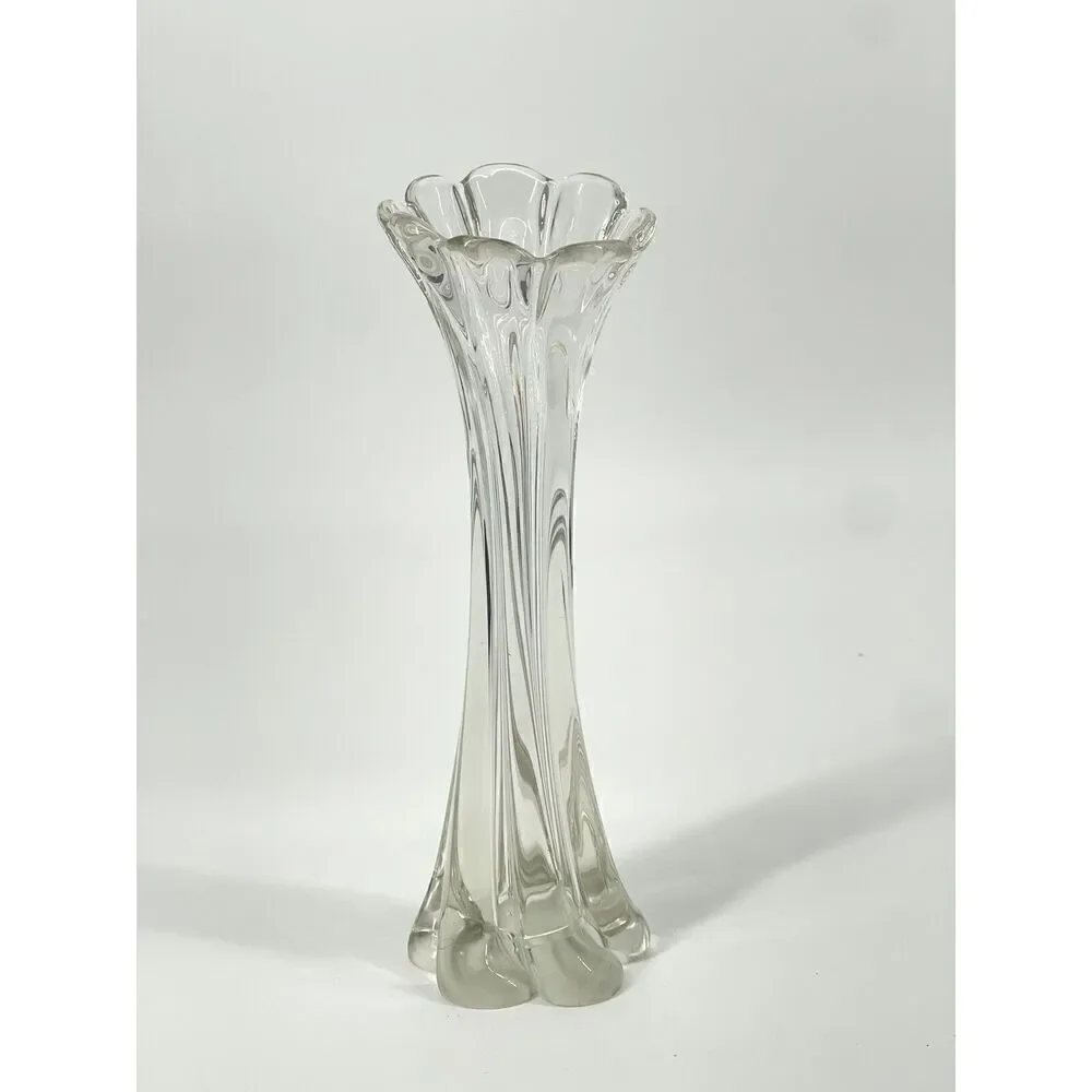 Vintage Clear Glass Swung Stretch Twist Vase Ruffle Top 11.5” Mid Century MCM